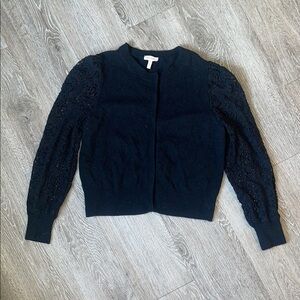 Rebecca Taylor black size large Lace Sleeve Cardigan sweater wool blend